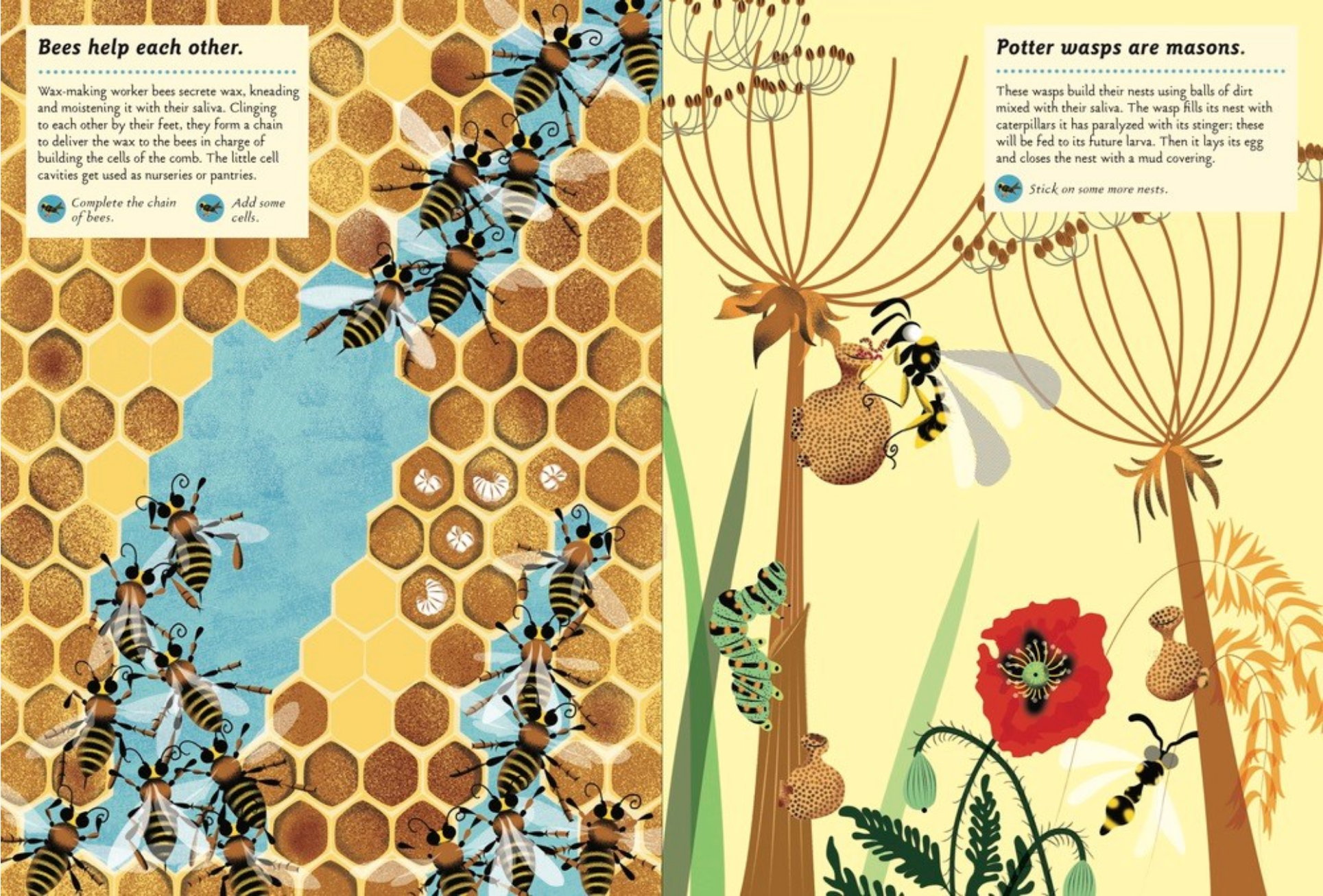 Illustration of bees on a honeycomb and in a natural setting with flowers.