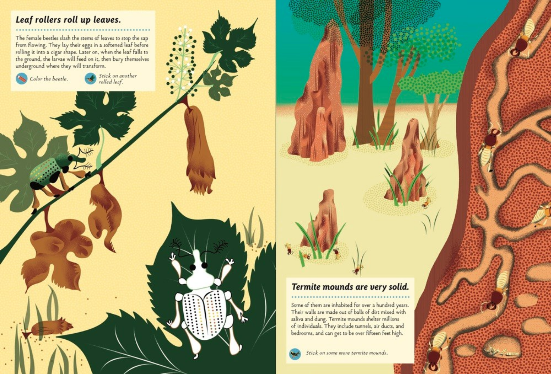 Illustrated book page about leaf rollers and termite mounds with text and graphics.