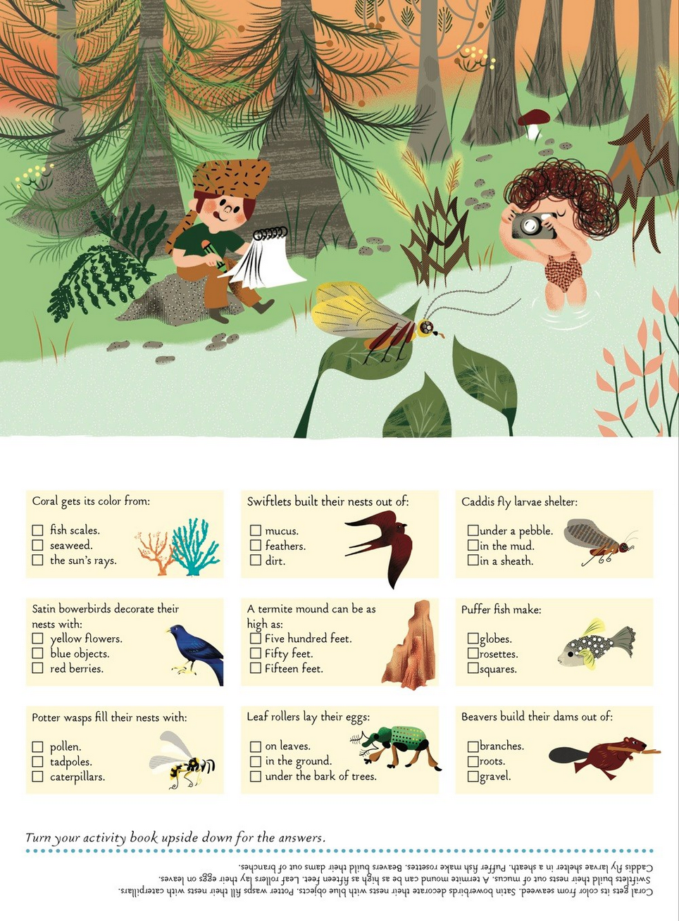 Illustrated activity book page with children in a forest setting and educational content.