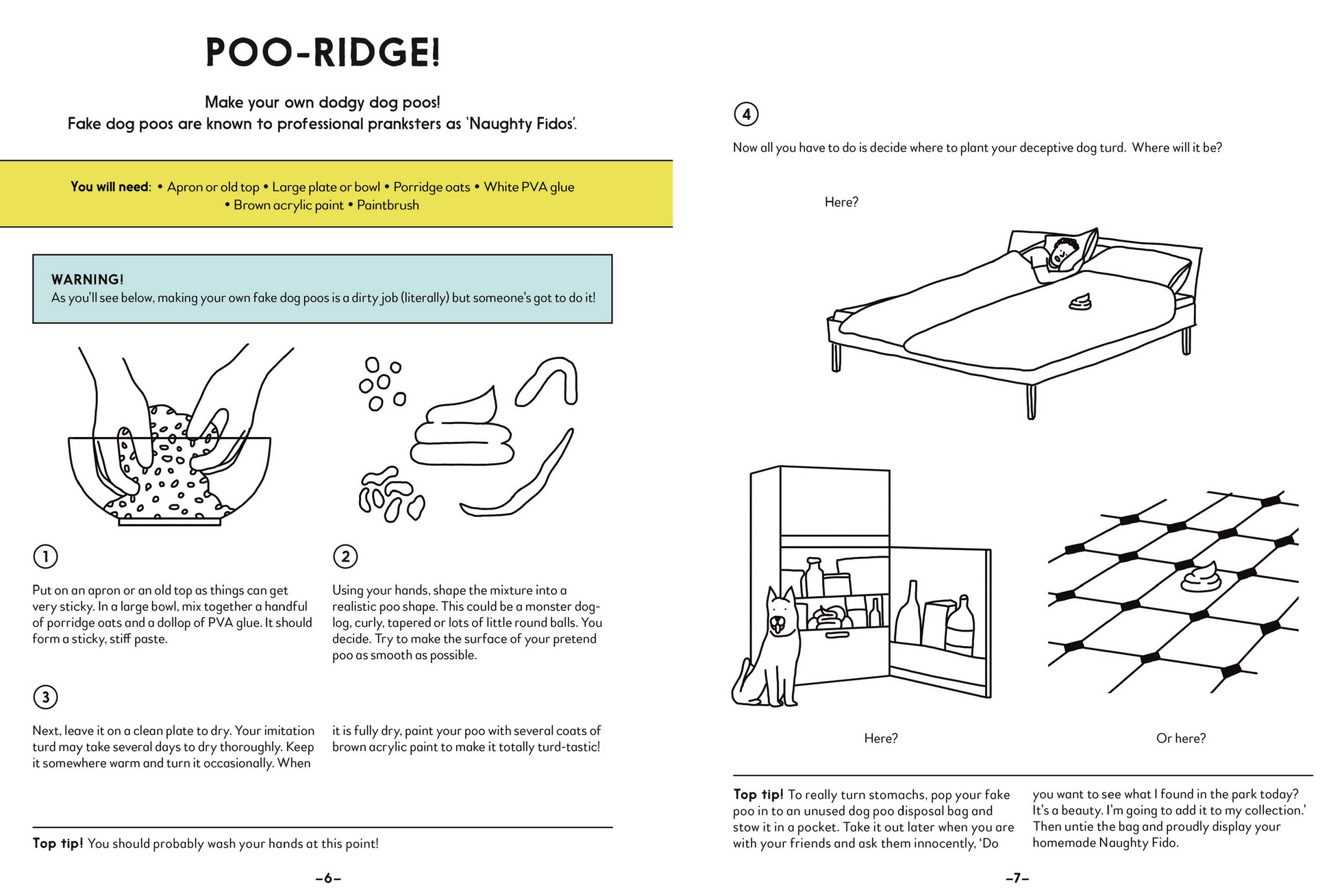 Instructions for creating a fake dog poop product with illustrations and text.