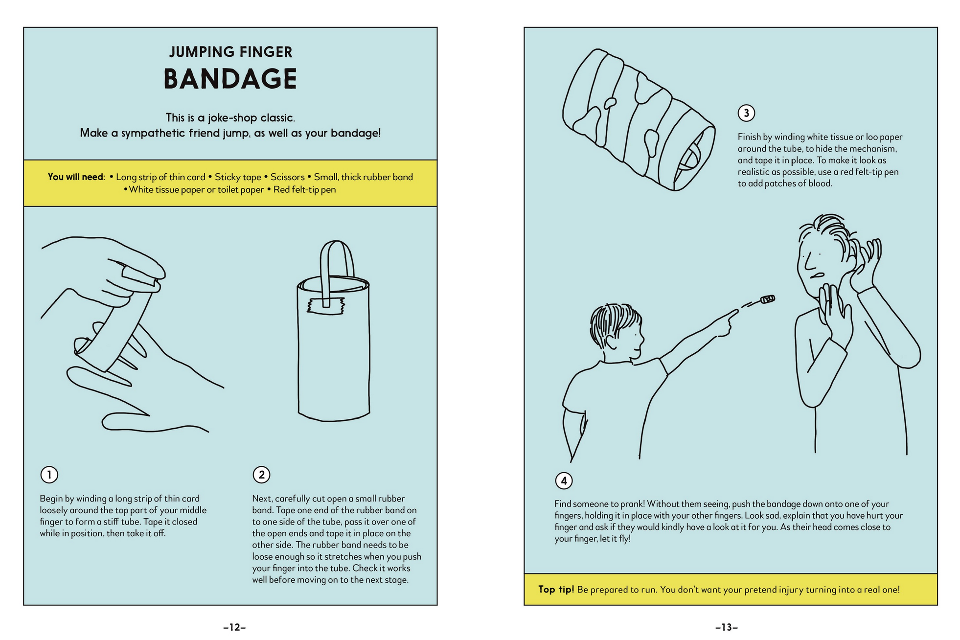 Instructions for a 'Jumping Finger Bandage' prank on a blue background