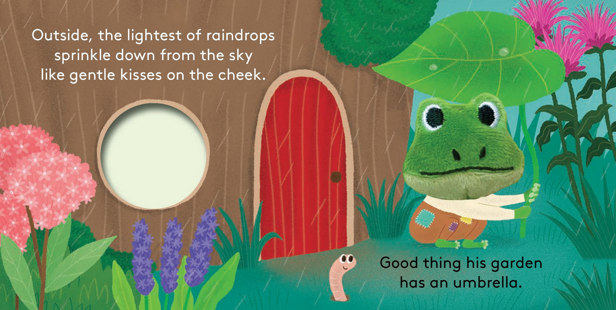 Illustration of a frog by a garden door with raindrops and flowers.