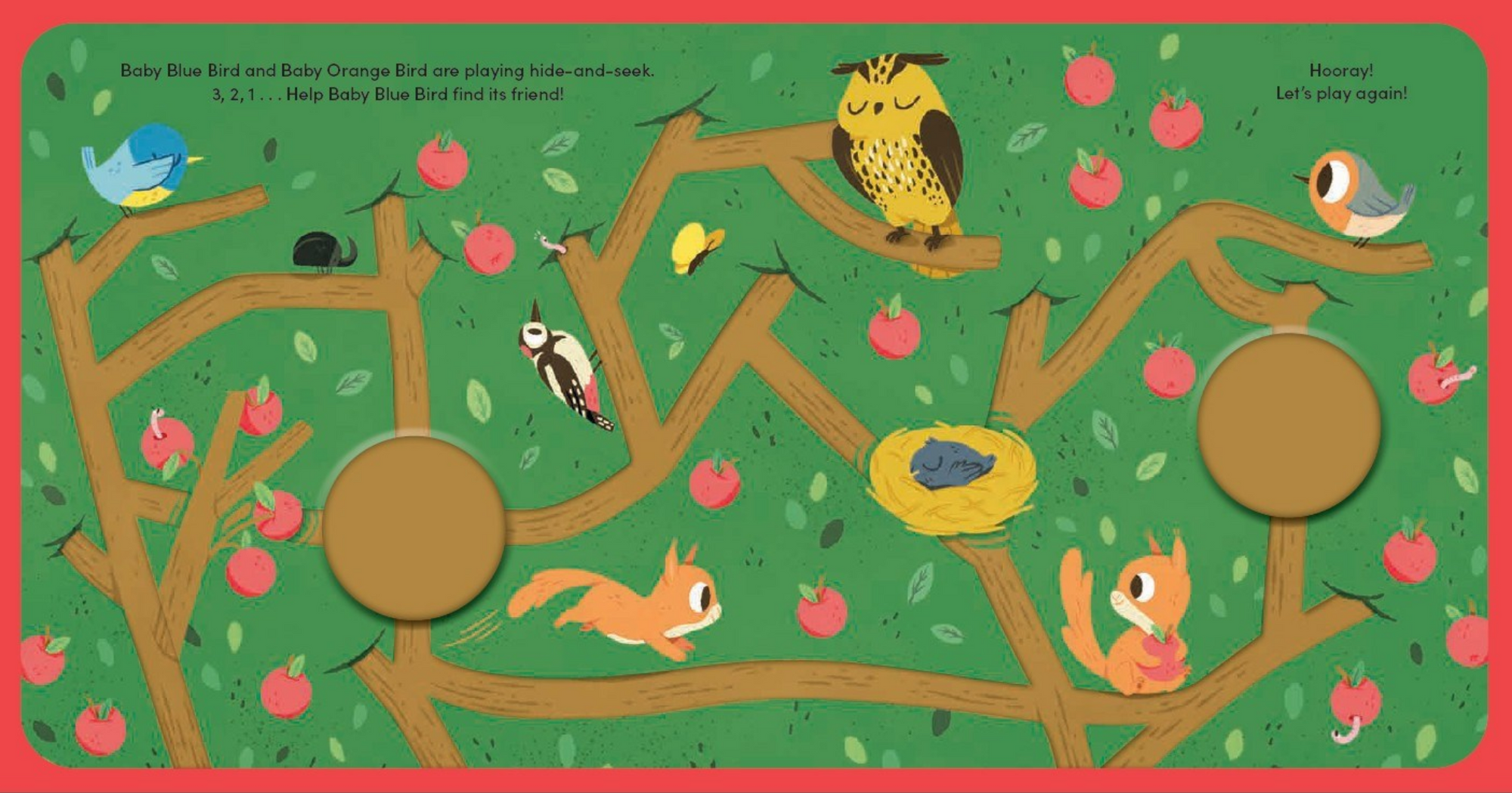 Children's book page with illustrations of birds, animals, and trees on a green background.