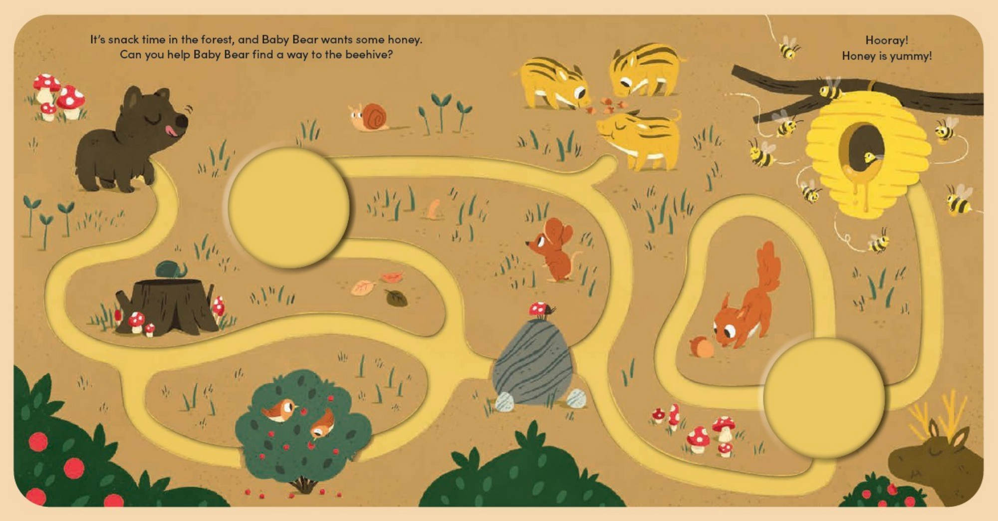 Children's activity mat with cartoon animals and a honeycomb, featuring text about a bear and bees.