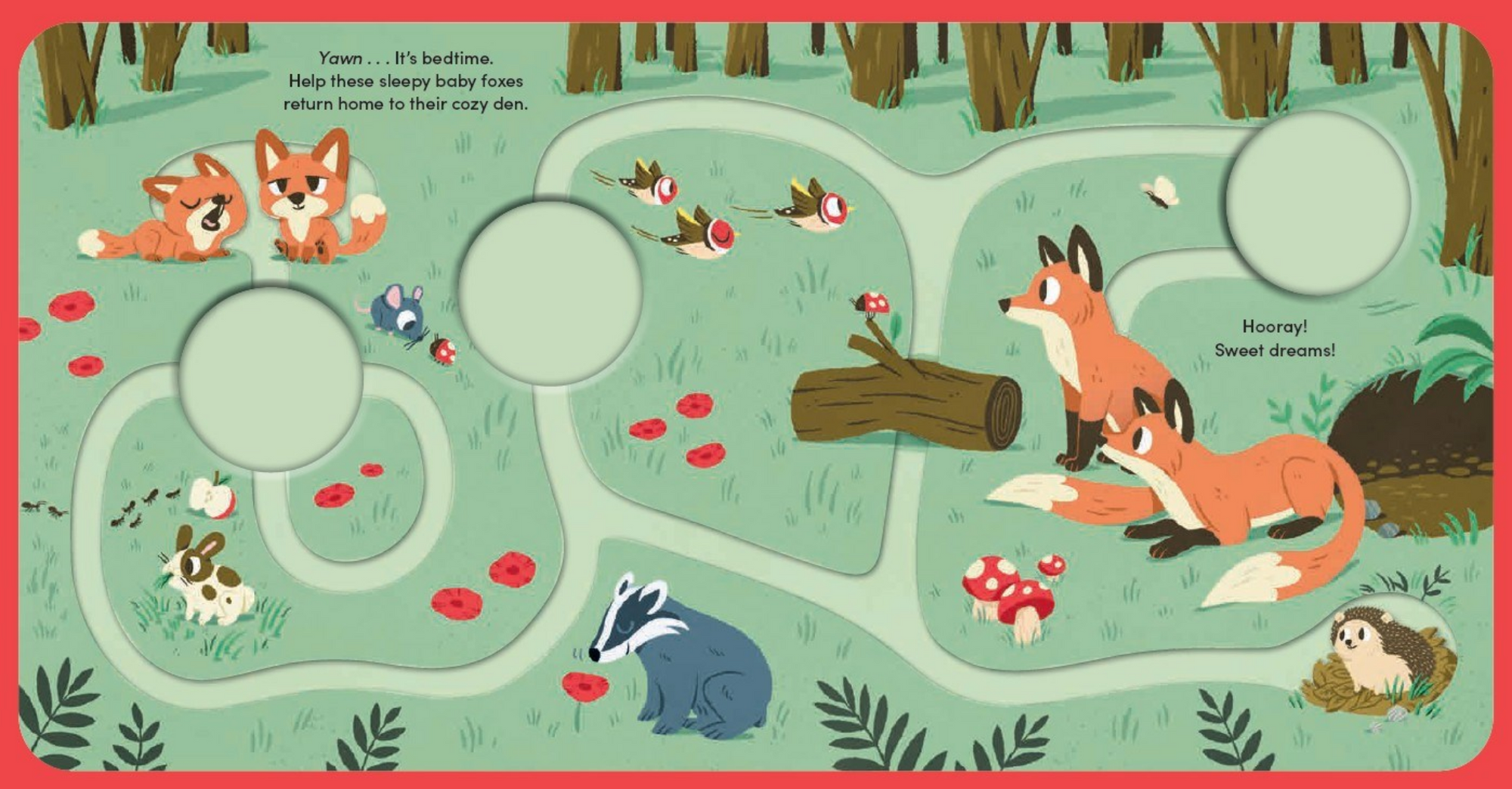 Children's book page with a forest scene featuring foxes and other animals.