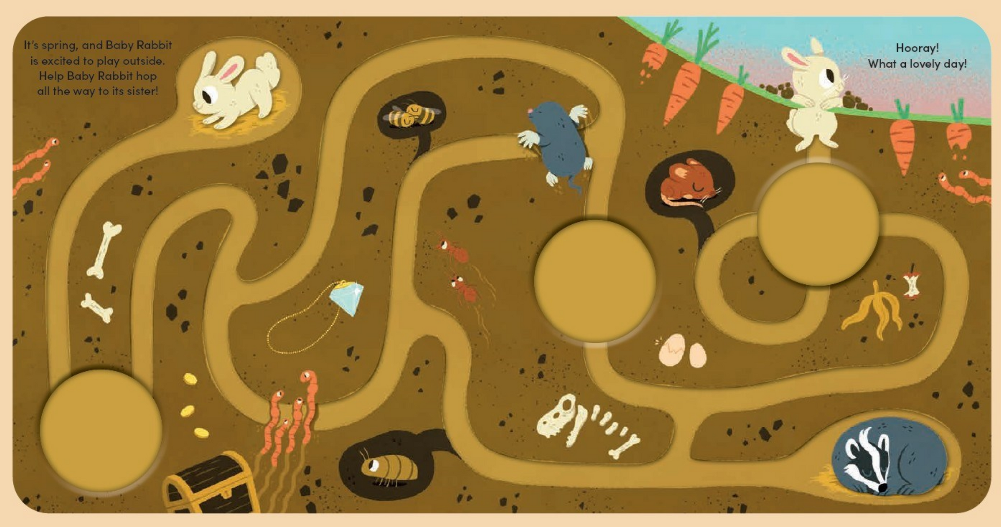 Children's maze with cartoon animals and objects on a brown background