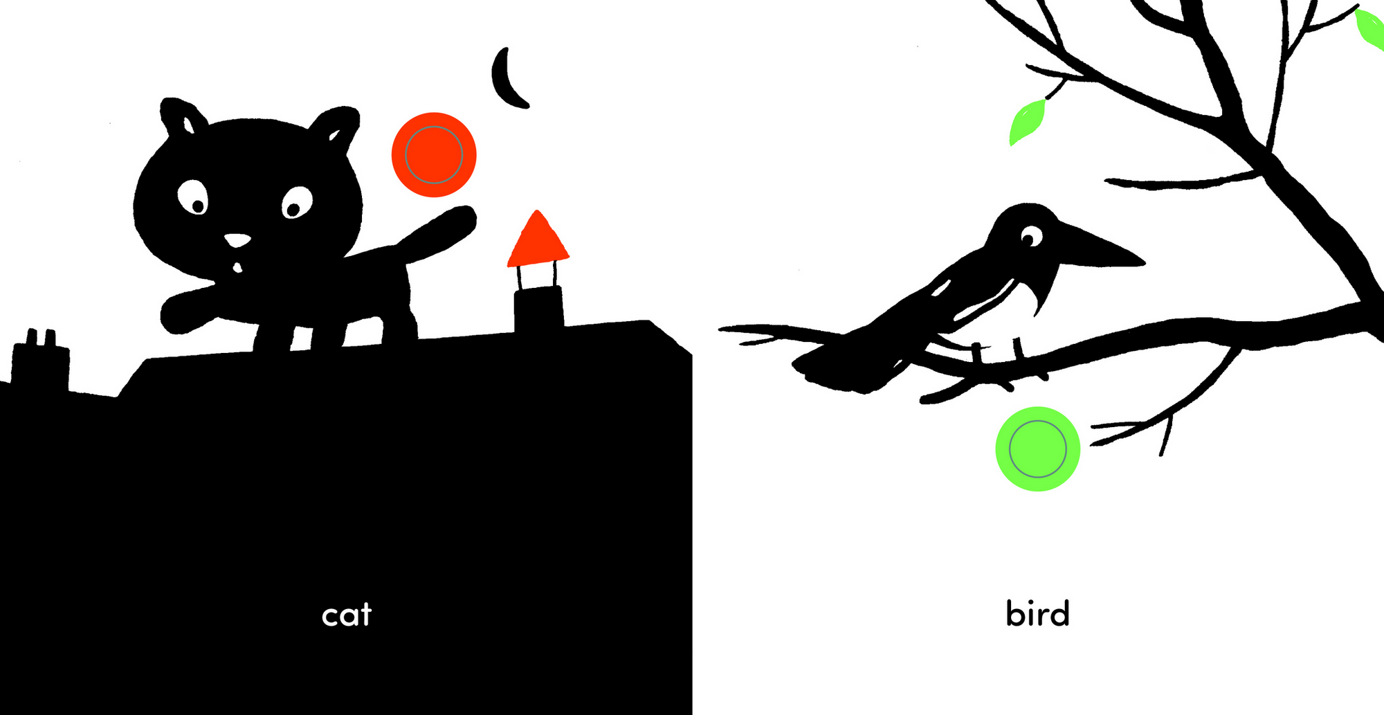 Illustration of a cat and a bird with labeled text on a white background