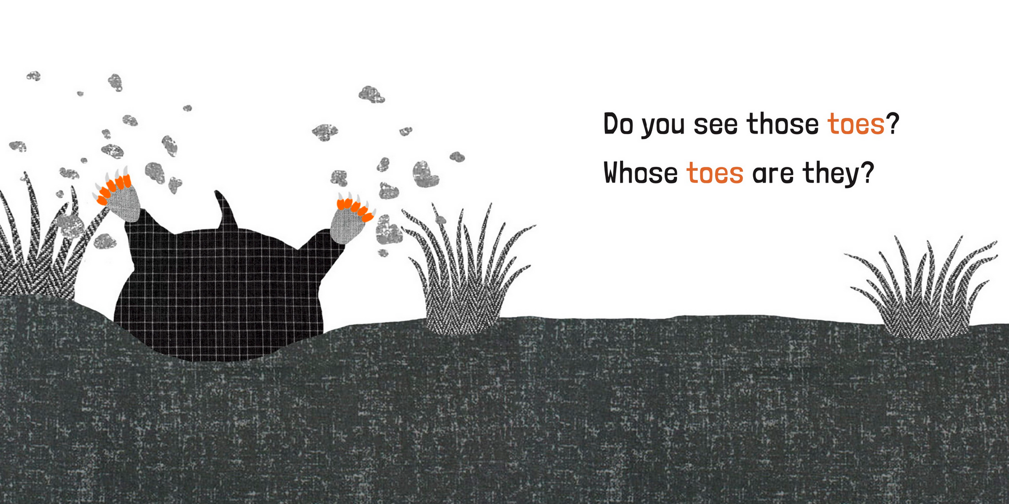 Illustration of a cat peeking out from behind a bush with text asking about toes.