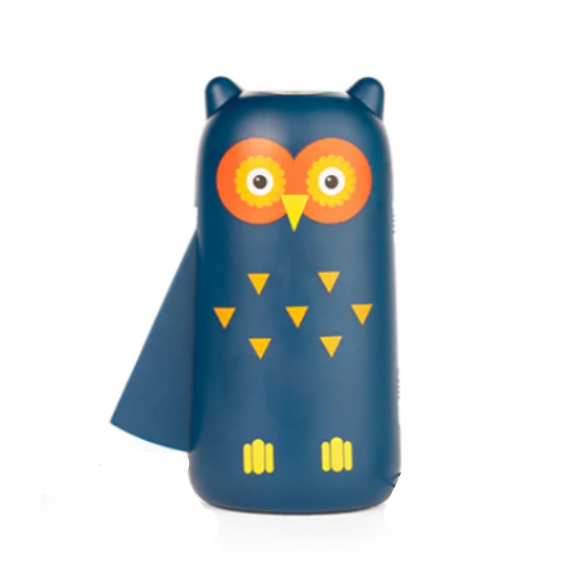 Blue owl-shaped flashlight with orange and yellow accents on a white background