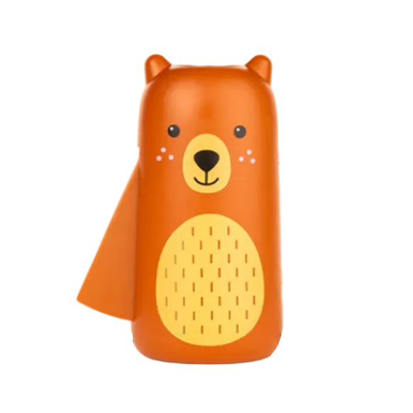 Orange bear-shaped flashlight with a yellow belly on a white background