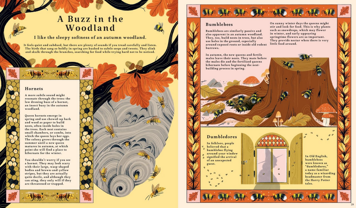 Illustrated book page about bees in a woodland setting with text and graphics.