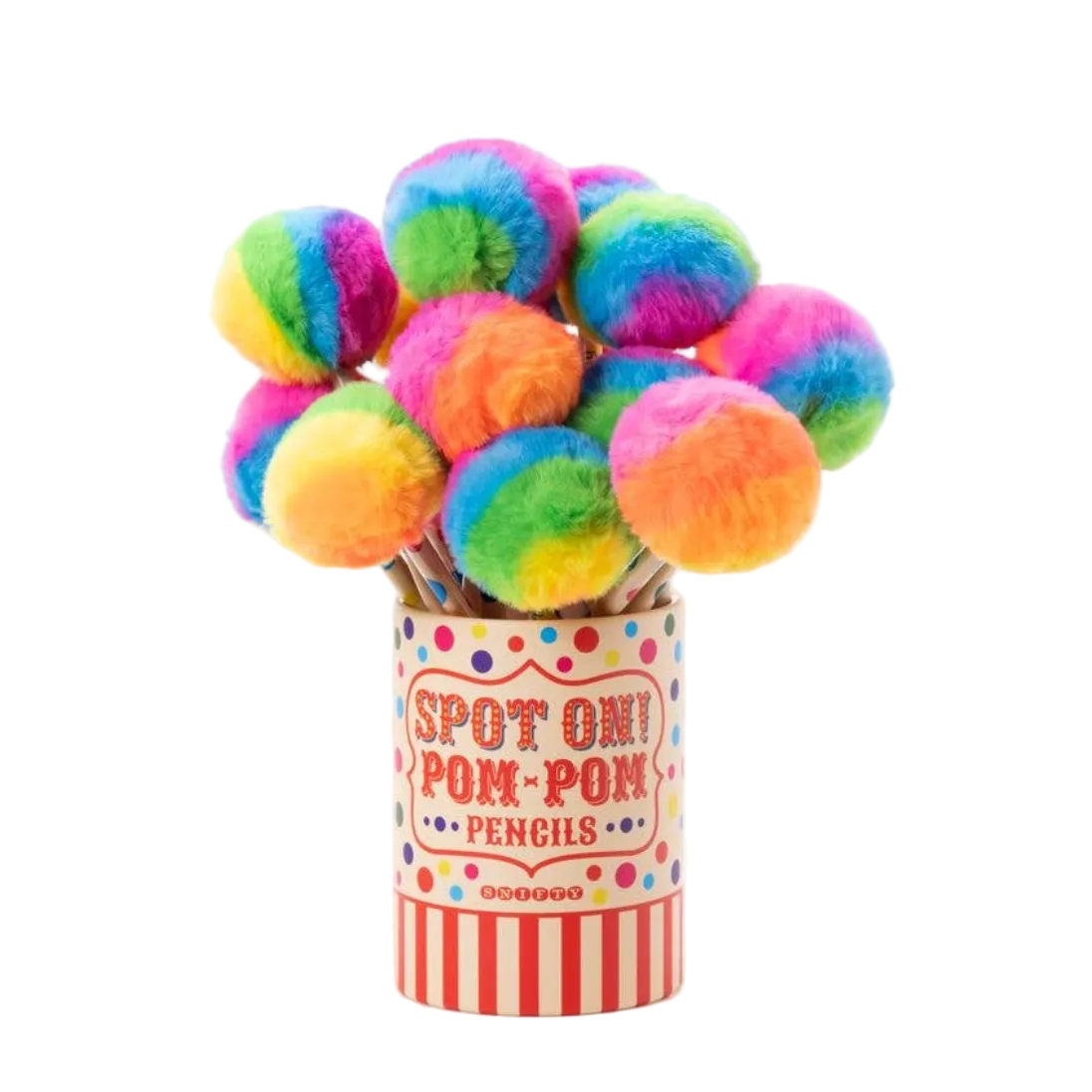 Colorful pom-poms in a container labeled 'Spot On Pom-Poms' on a white background