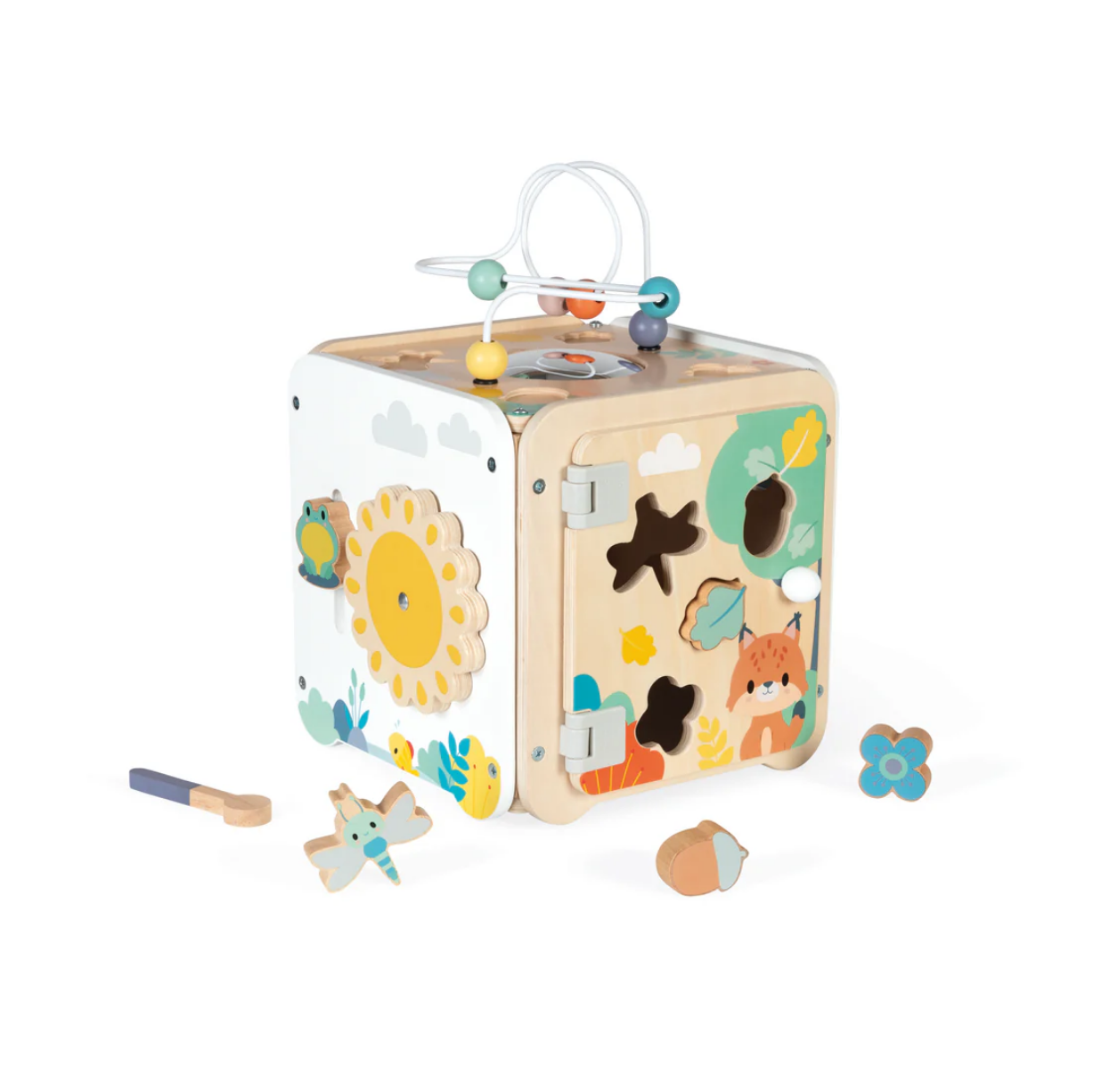 Wooden toy cube with various shapes and animals on a white background