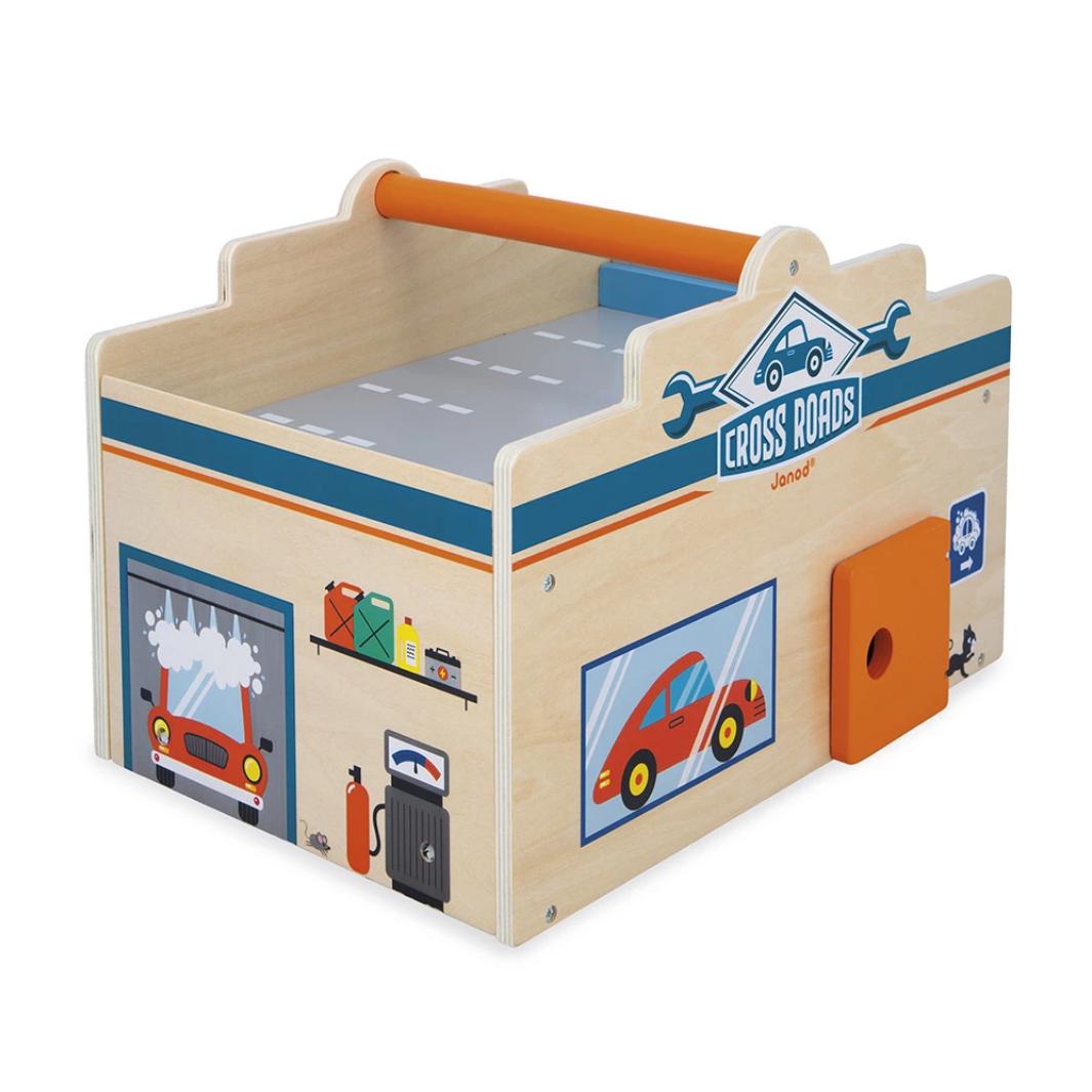 Children's play bed with toy garage design on a white background