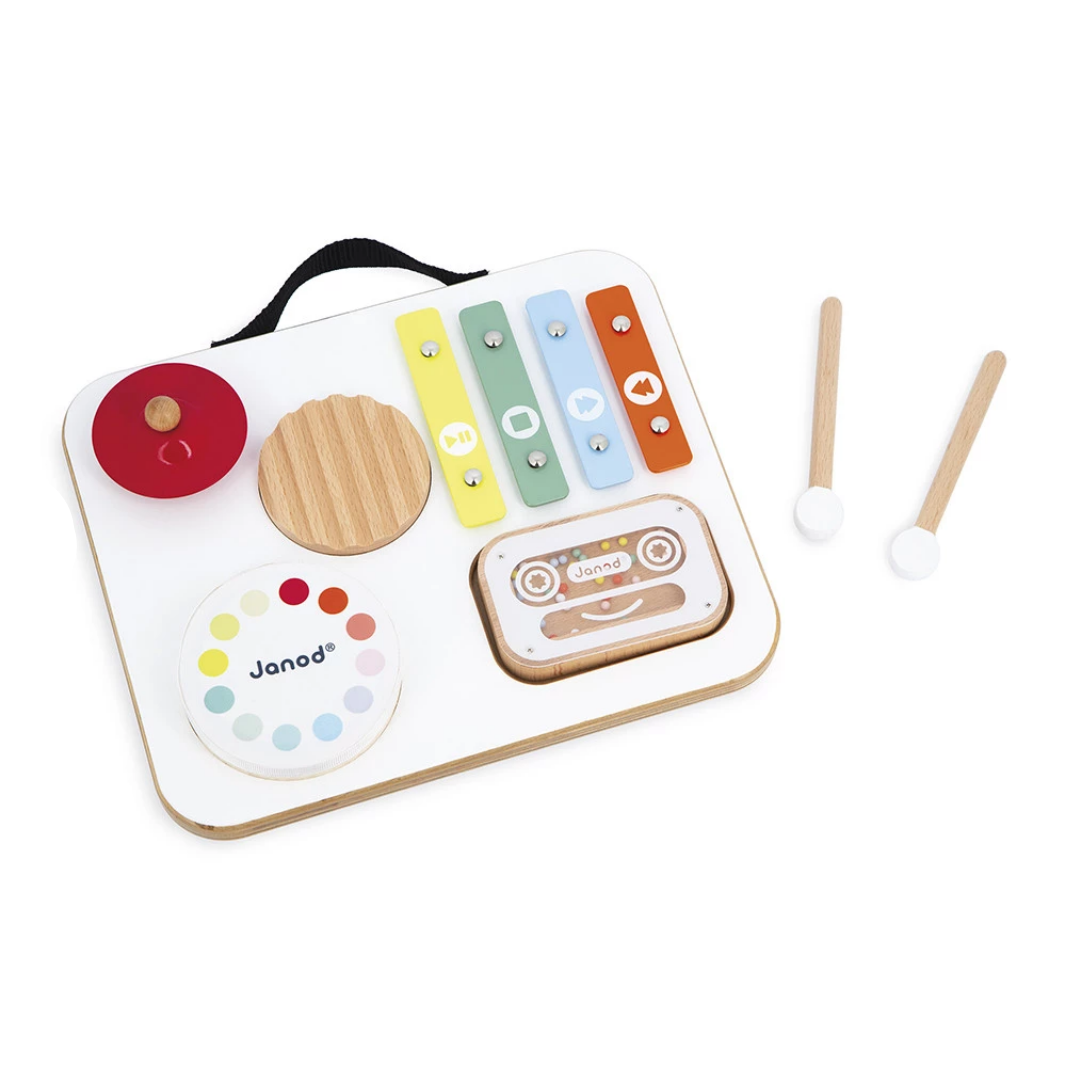 Children's toy keyboard with colorful keys and Janod branding on a white background