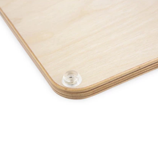 Wooden cutting board with a clear plastic knob on a white background