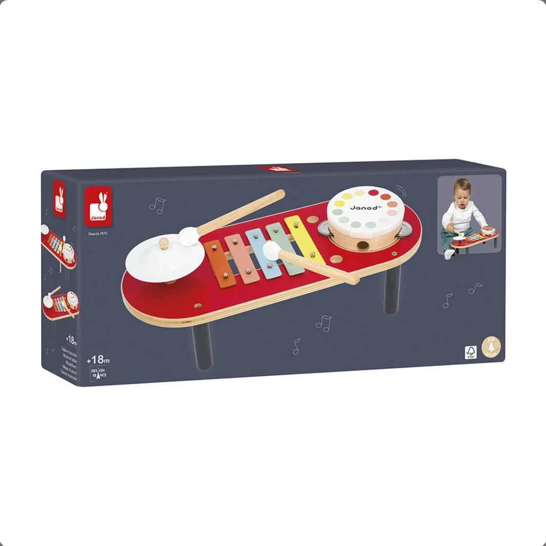 Toy music set packaging with instruments on a white background