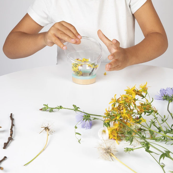 Child sorting flowers into a container on a white surface with a gray background