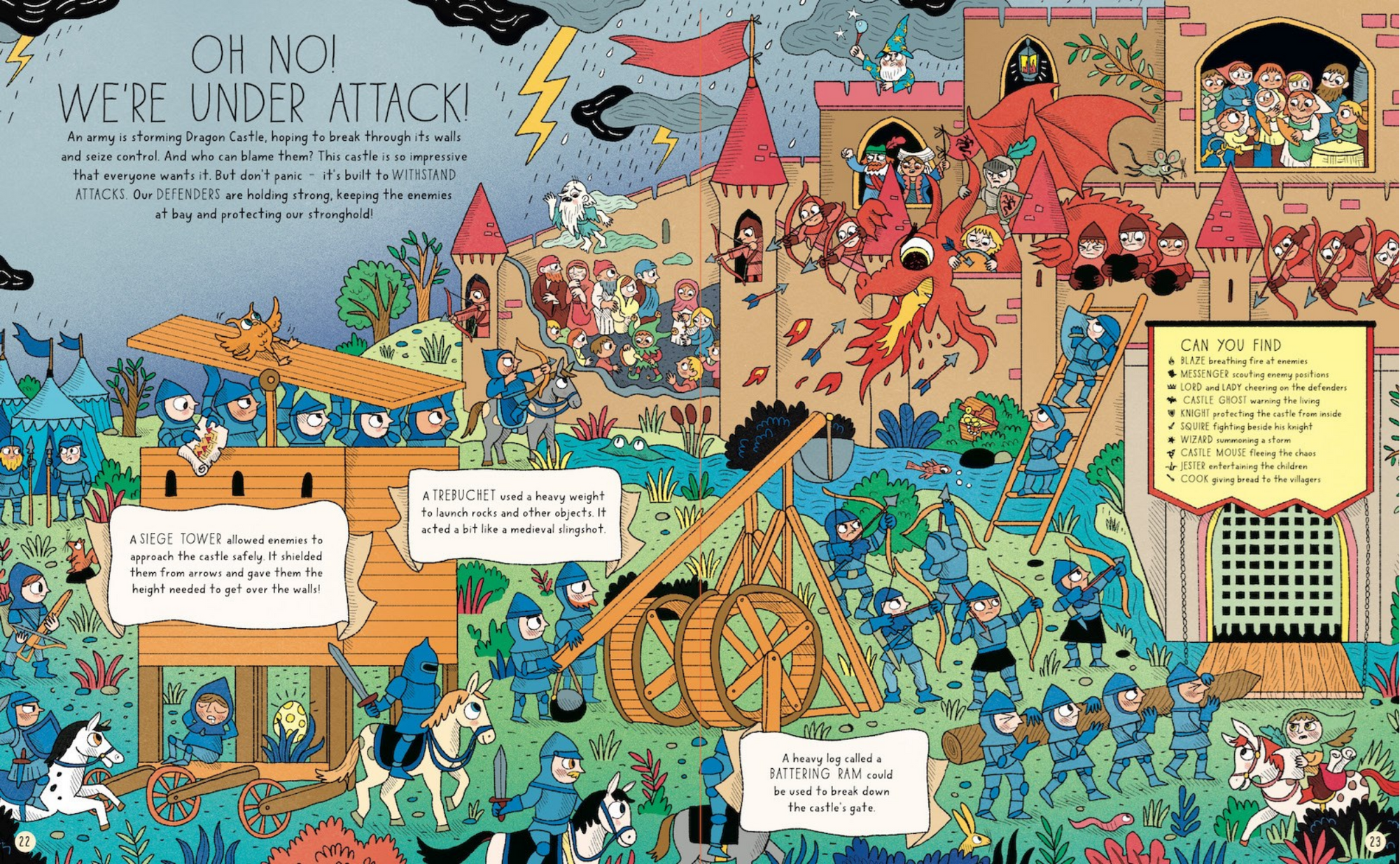 Colorful illustrated scene of a castle under attack with various characters and elements.