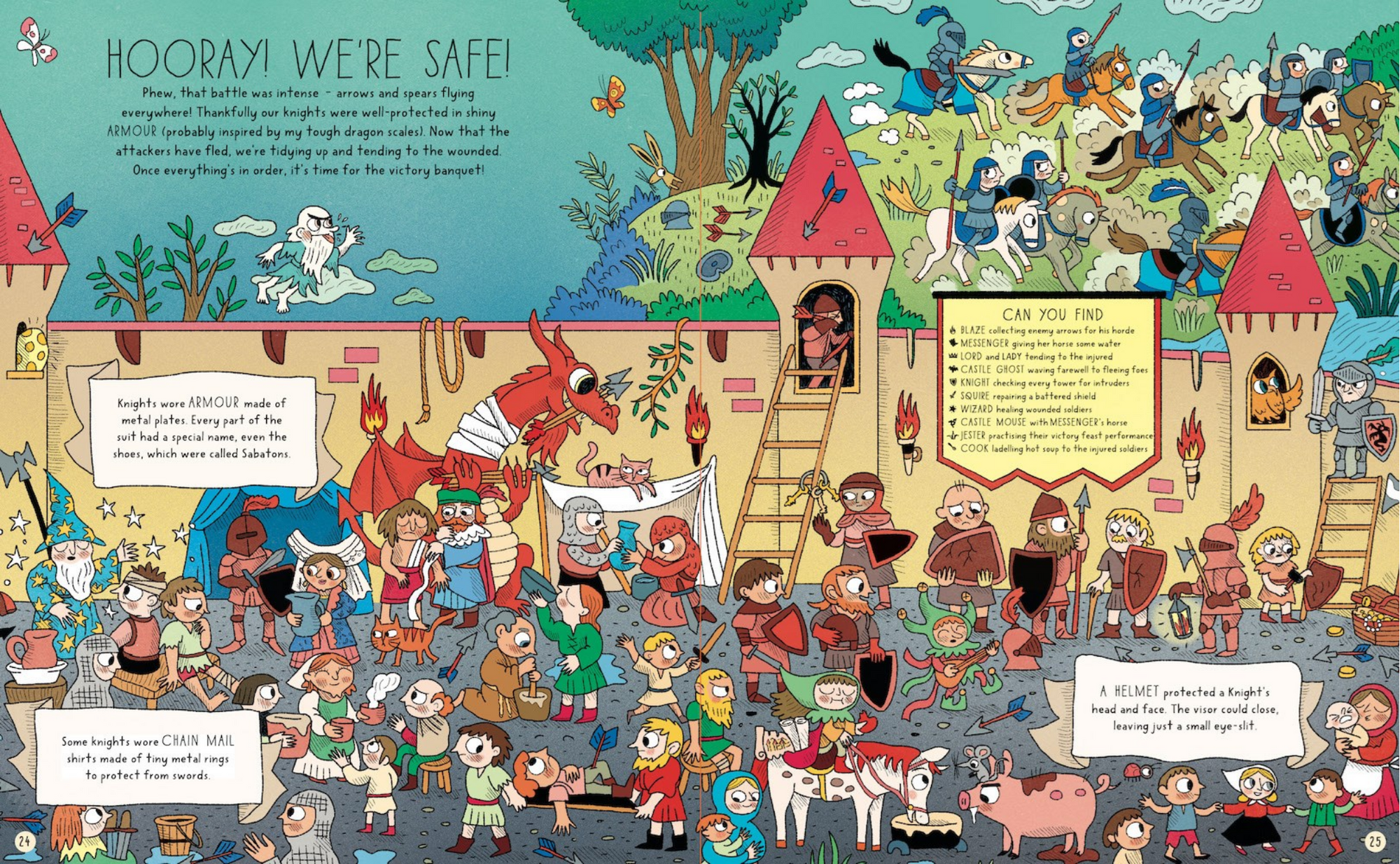 Illustrated scene with characters in a castle and outdoors, featuring text and various elements.