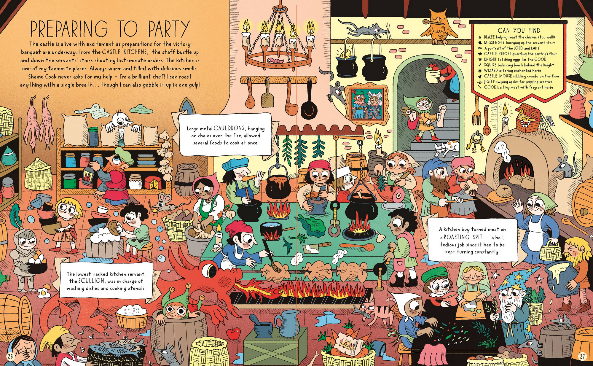 Illustrated scene of a party preparation with various characters and activities.
