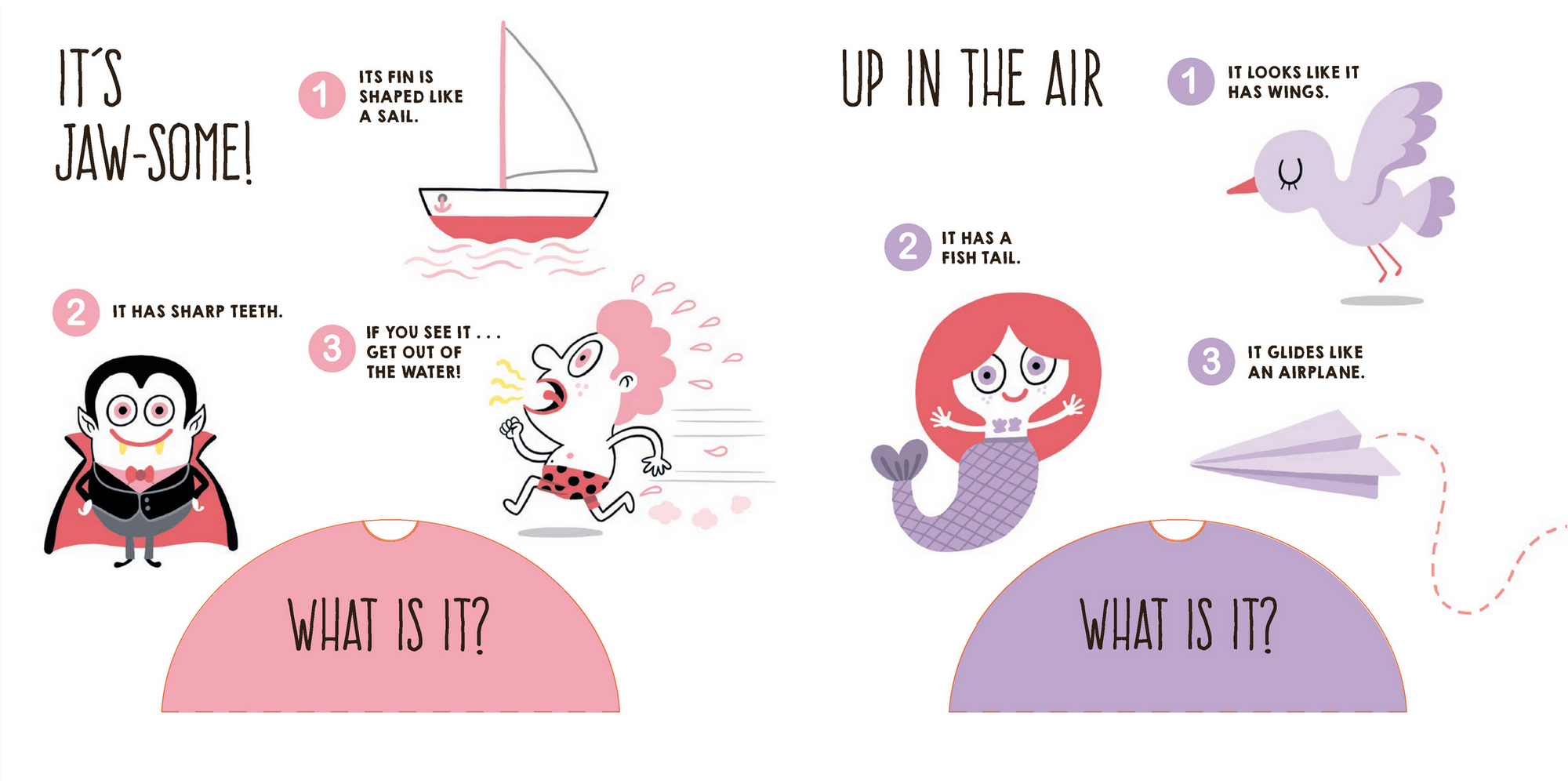 Illustrated educational page with shapes and animals, featuring a pink sailboat, purple airplane, and red mermaid.