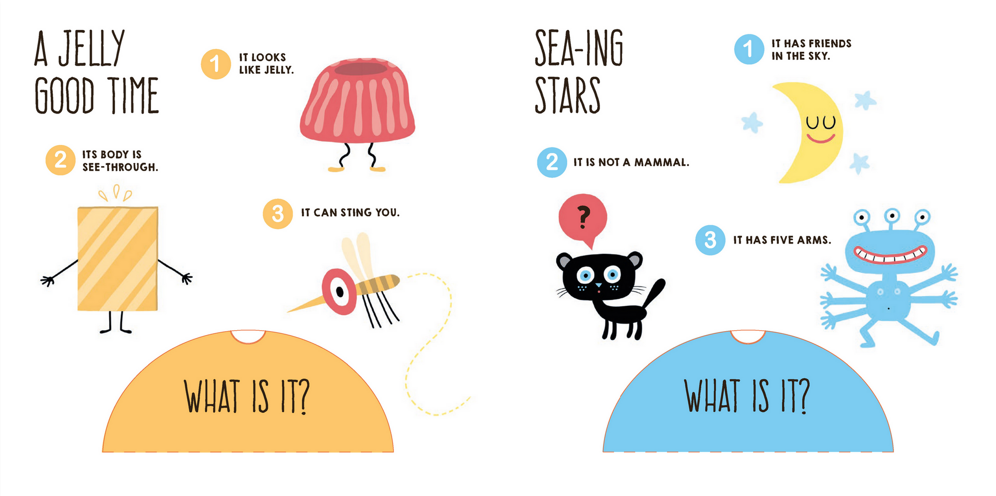 Educational children's chart with illustrations and text about jelly, sea stars, and other topics.