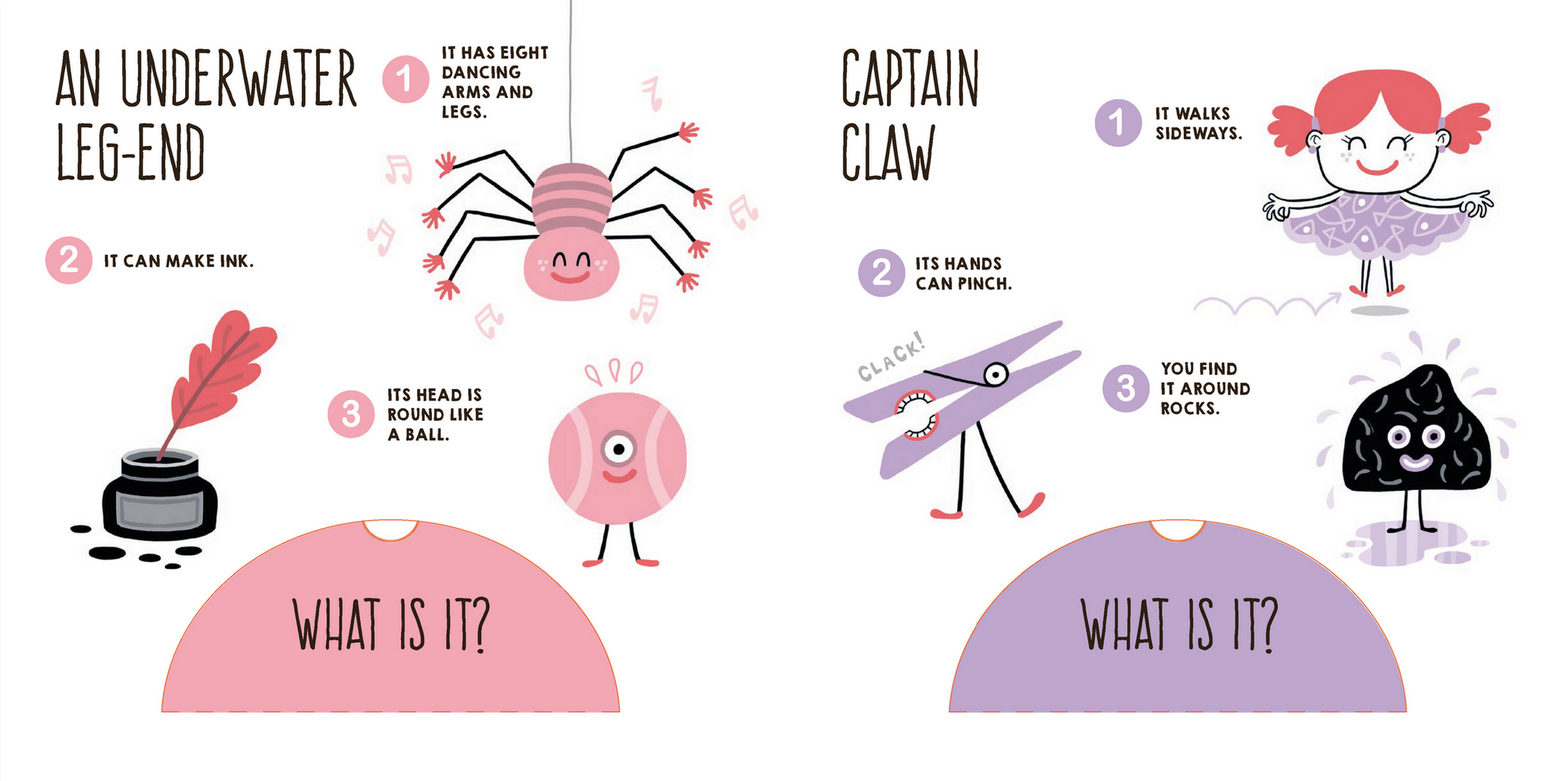 Illustrations of a spider, a girl with red hair, and a black object on a white background.
