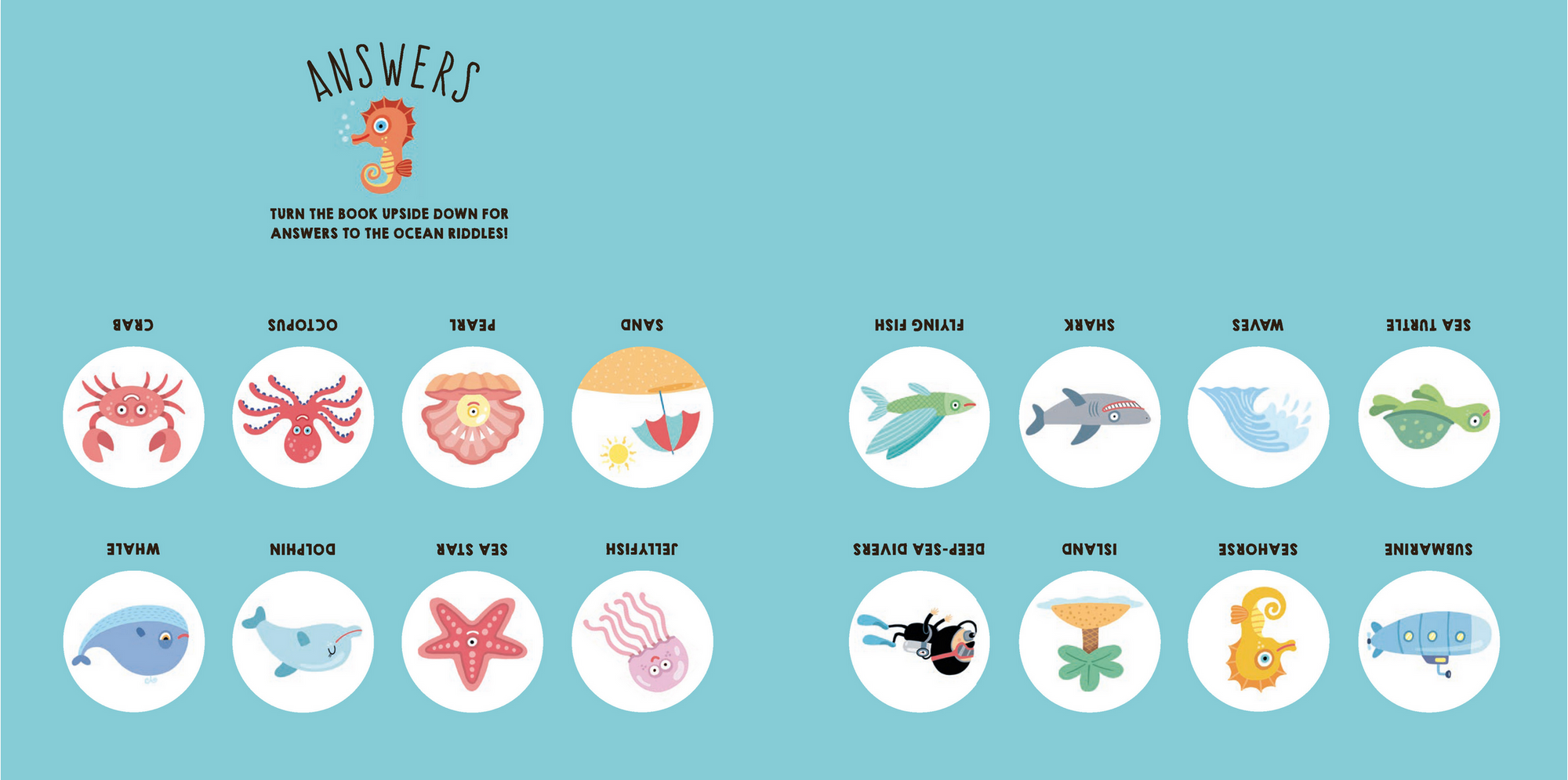 Educational chart with illustrations of ocean animals and their names on a blue background