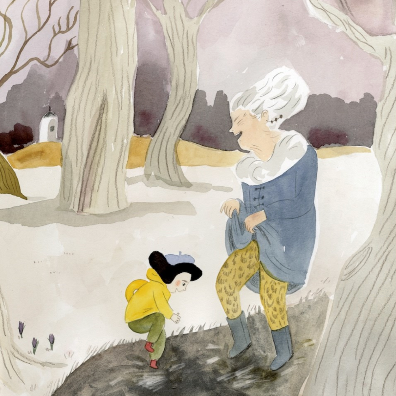 Illustration of a woman and child in a snowy landscape with bare trees.