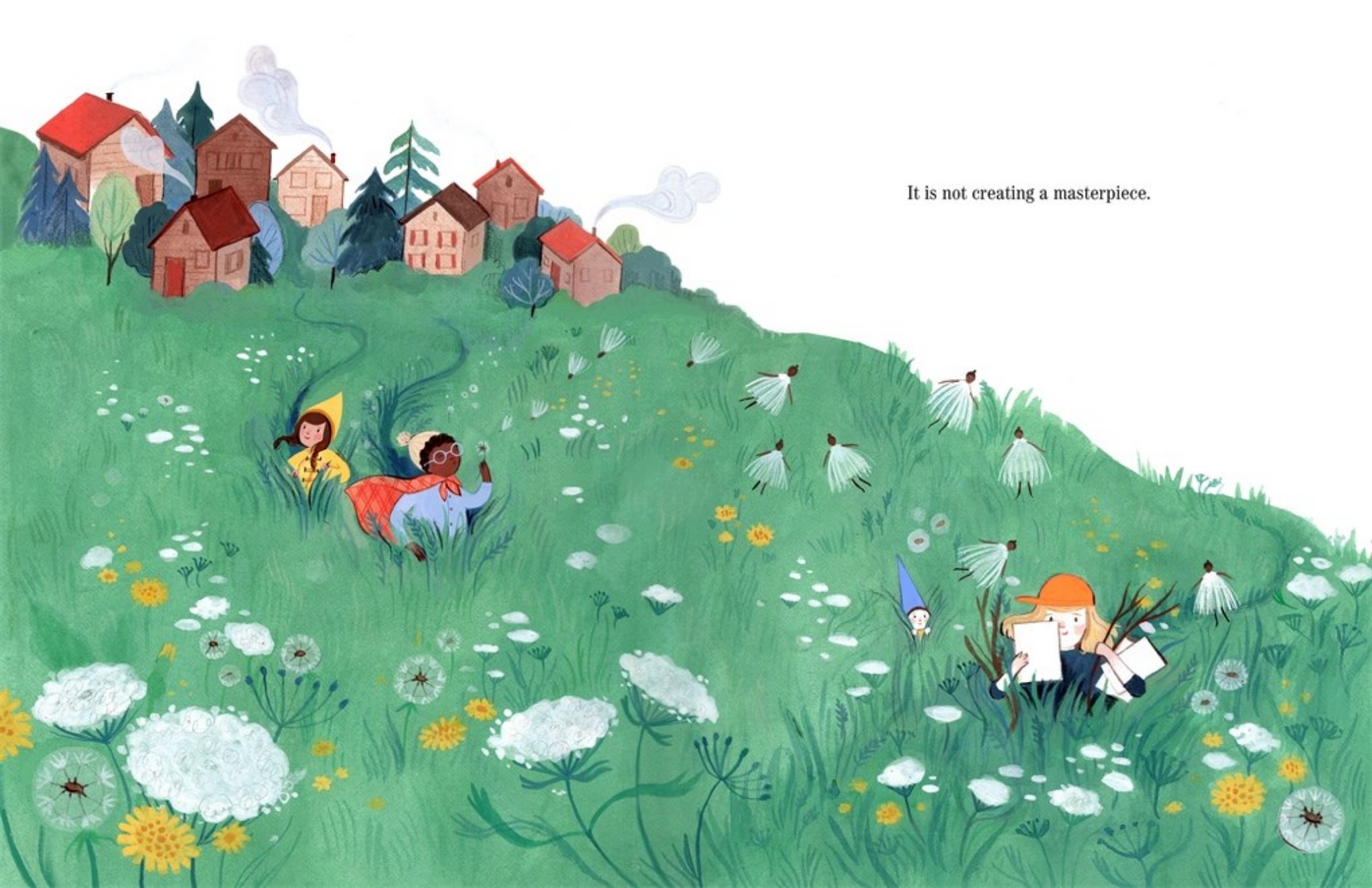 Illustration of children playing in a field with houses in the background