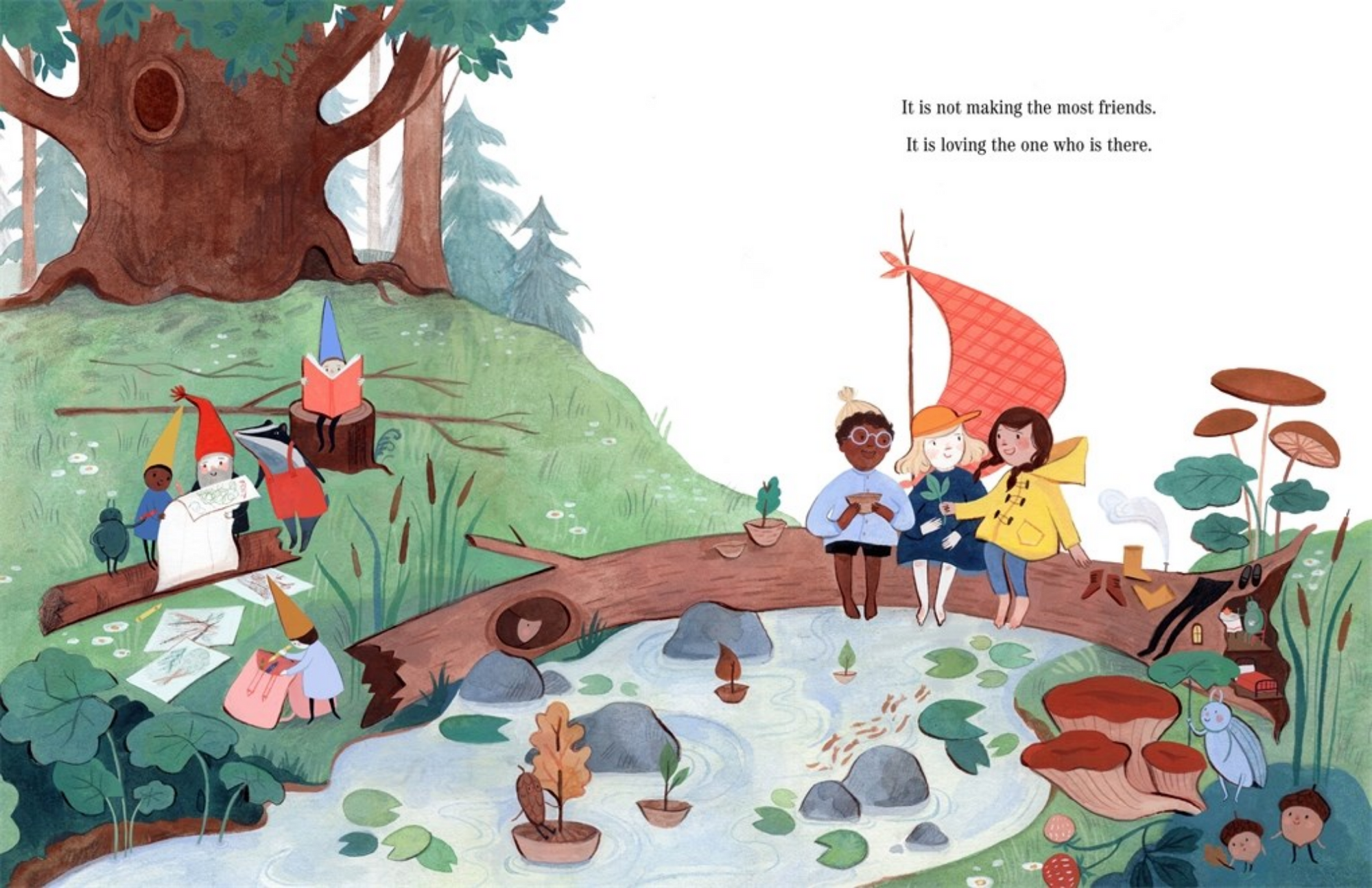 Illustration of children by a pond with animals and nature elements.