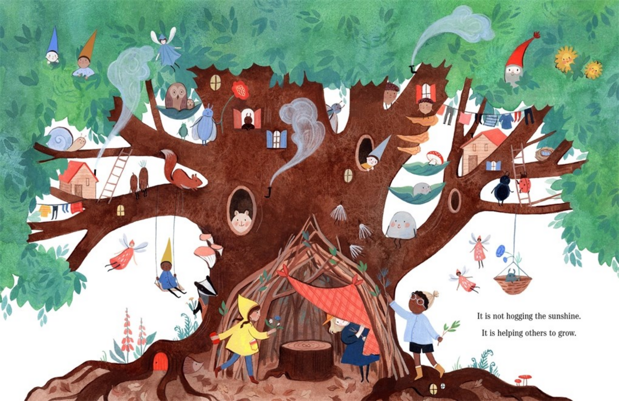 Illustration of a treehouse with children and animals in a whimsical forest setting.