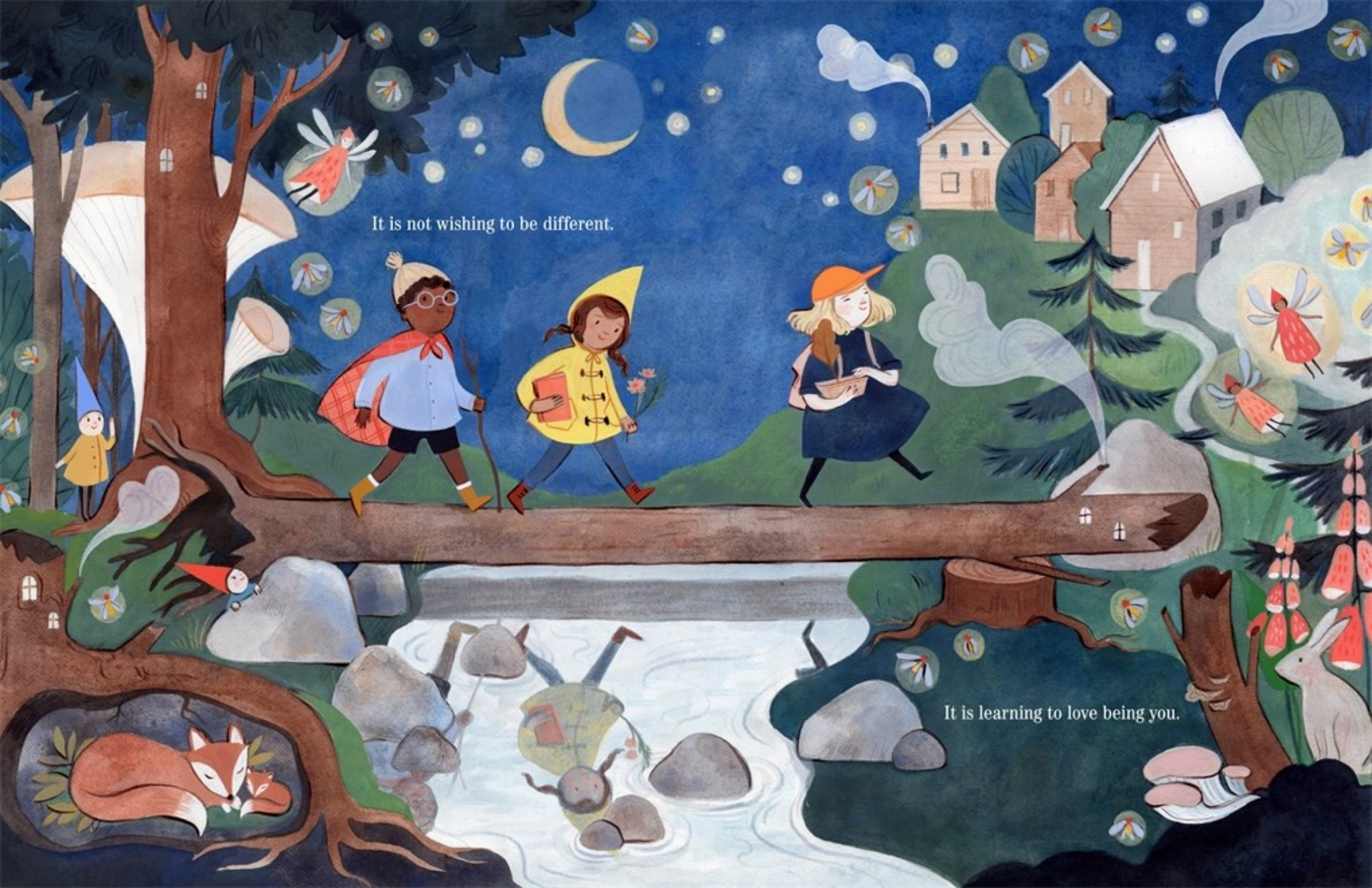 Children crossing a bridge in a whimsical forest scene with fairy tale elements.