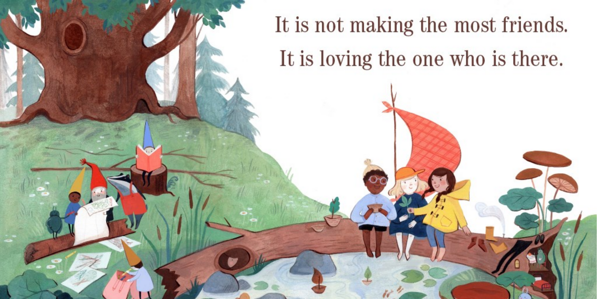 Illustration of children playing by a stream with a quote about friendship.