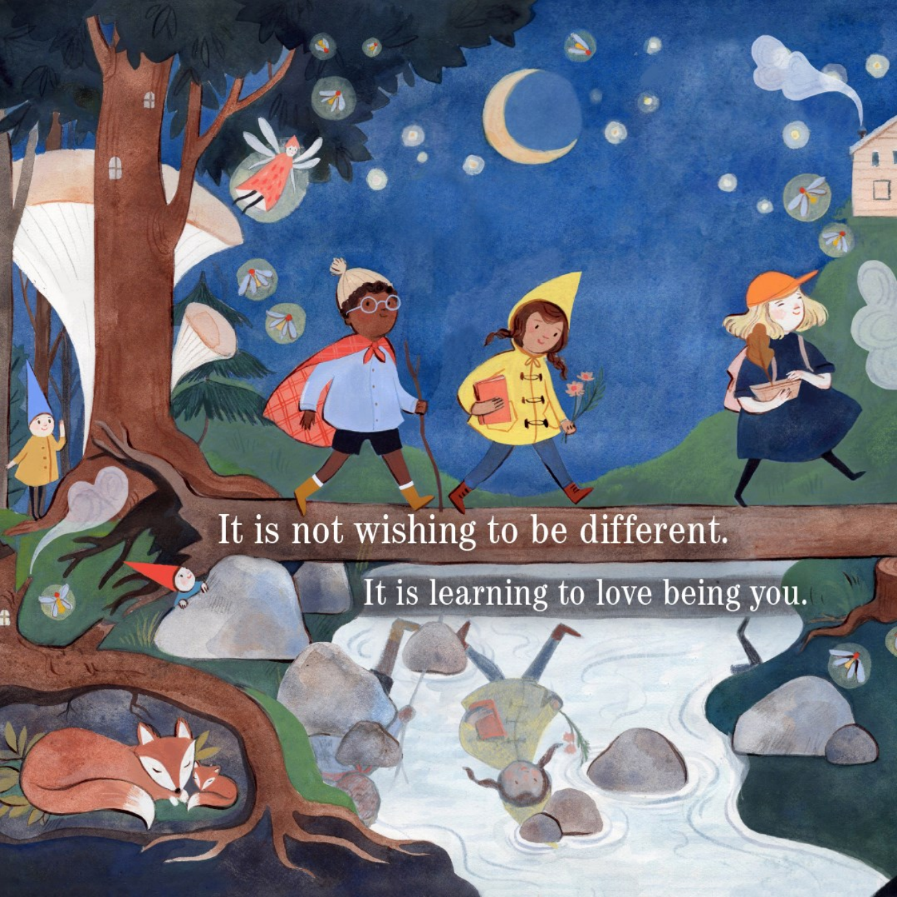 Children's illustration of three children walking together under a night sky with a quote about embracing individuality.