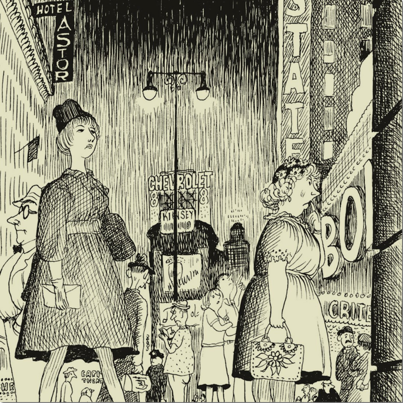 Vintage illustration of a woman walking with a child in a city street at night.