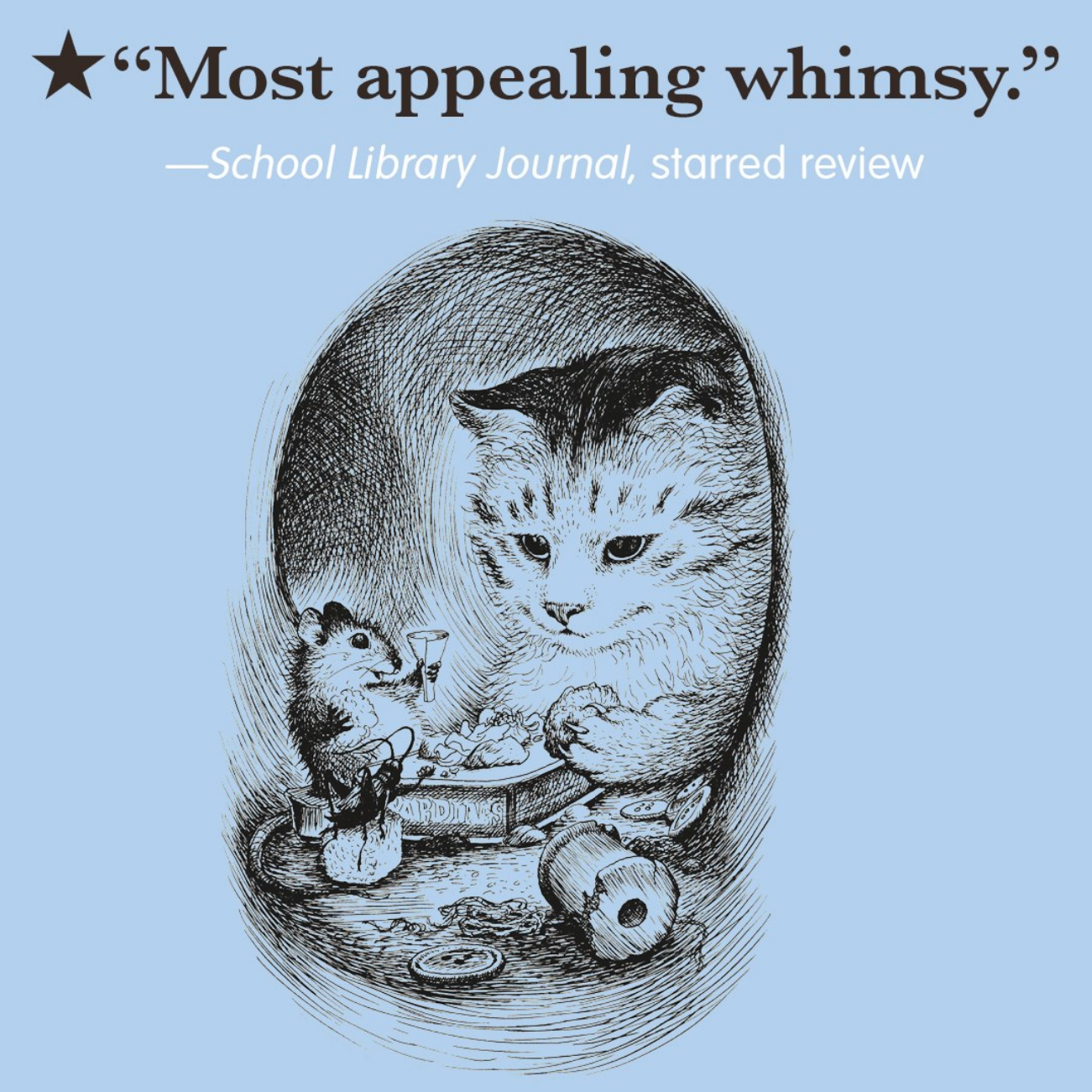 Book cover with a cat illustration and text about 'Most appealing whimsy' on a light blue background.