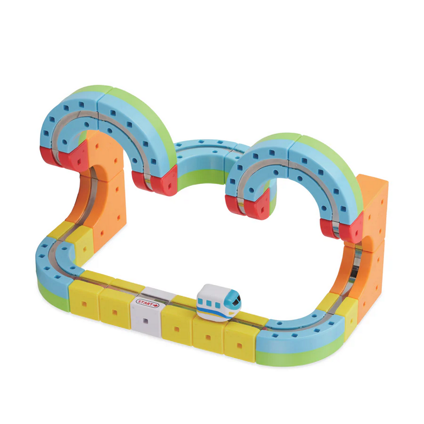 Colorful toy track set with a small train on a white background