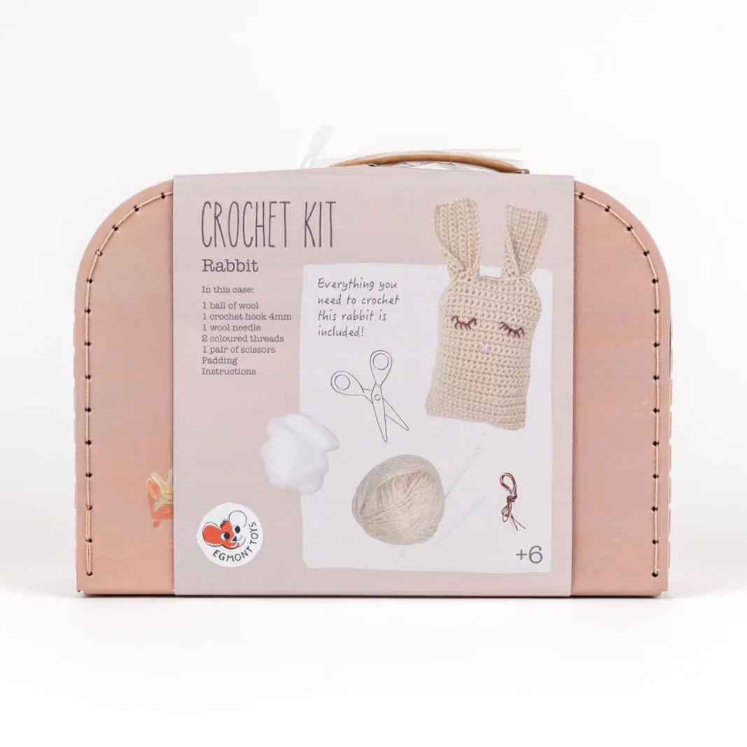 Crochet kit packaging with a rabbit design on a white background