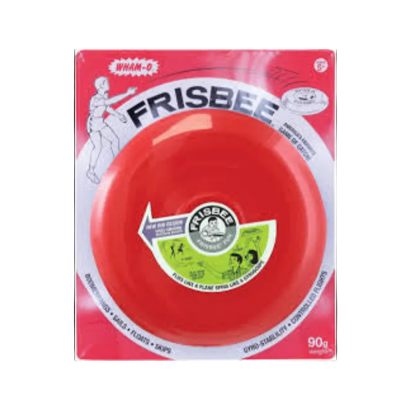 Red frisbee with 'Frisbee' branding on a white background
