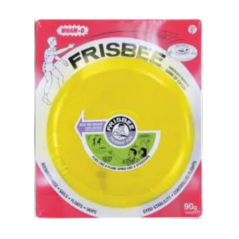 Yellow frisbee in a red and white packaging on a whte background