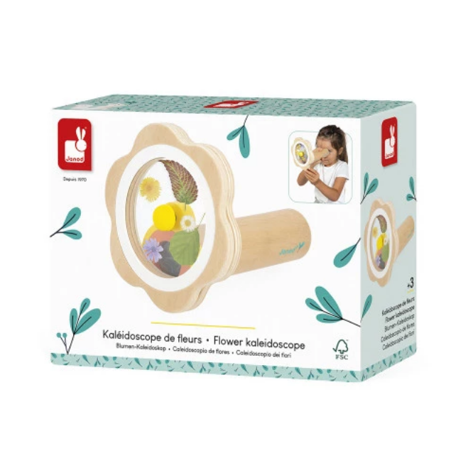 Flower kaleidoscope toy packaging with a child using the toy on a white background