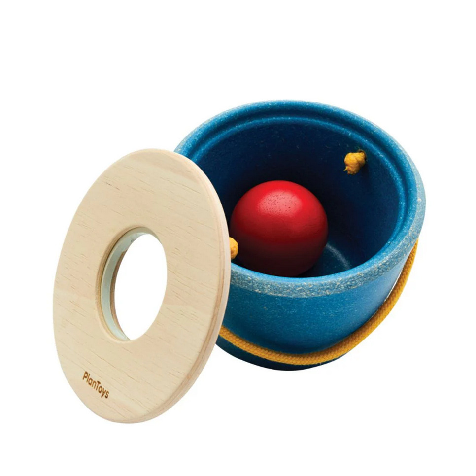 Wooden toy with a blue container, red ball, and yellow fish on a white background