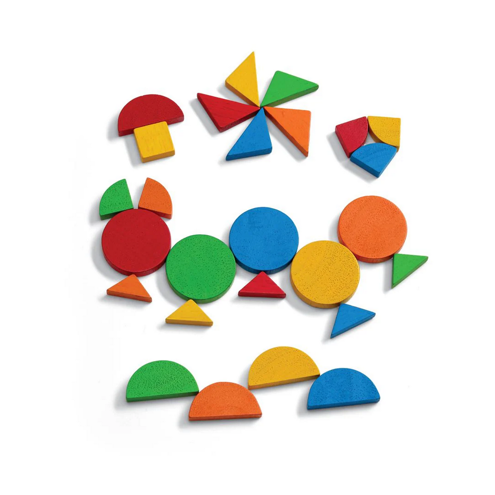 Colorful wooden geometric shapes on a white background