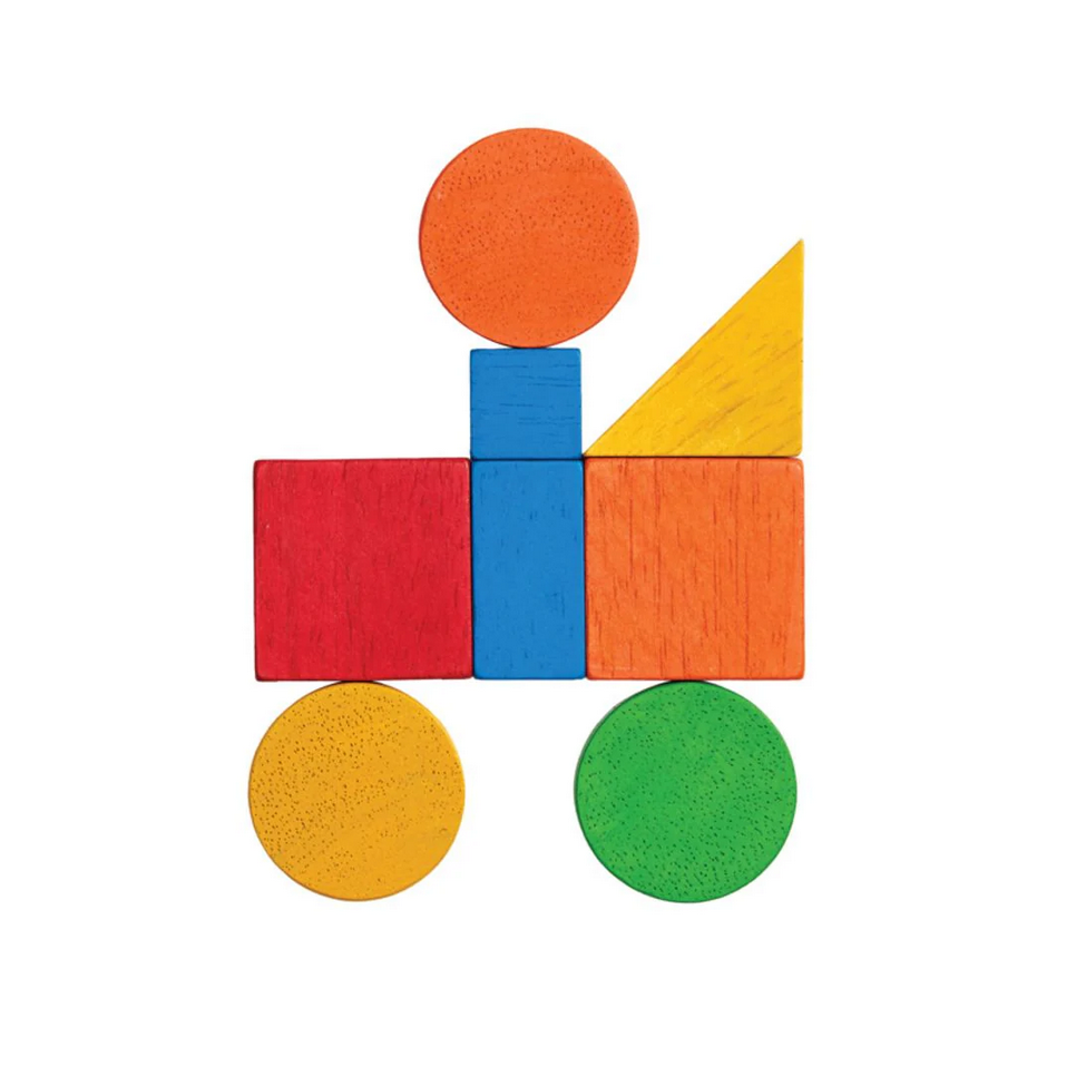 Colorful wooden block set shaped like a person on a white background