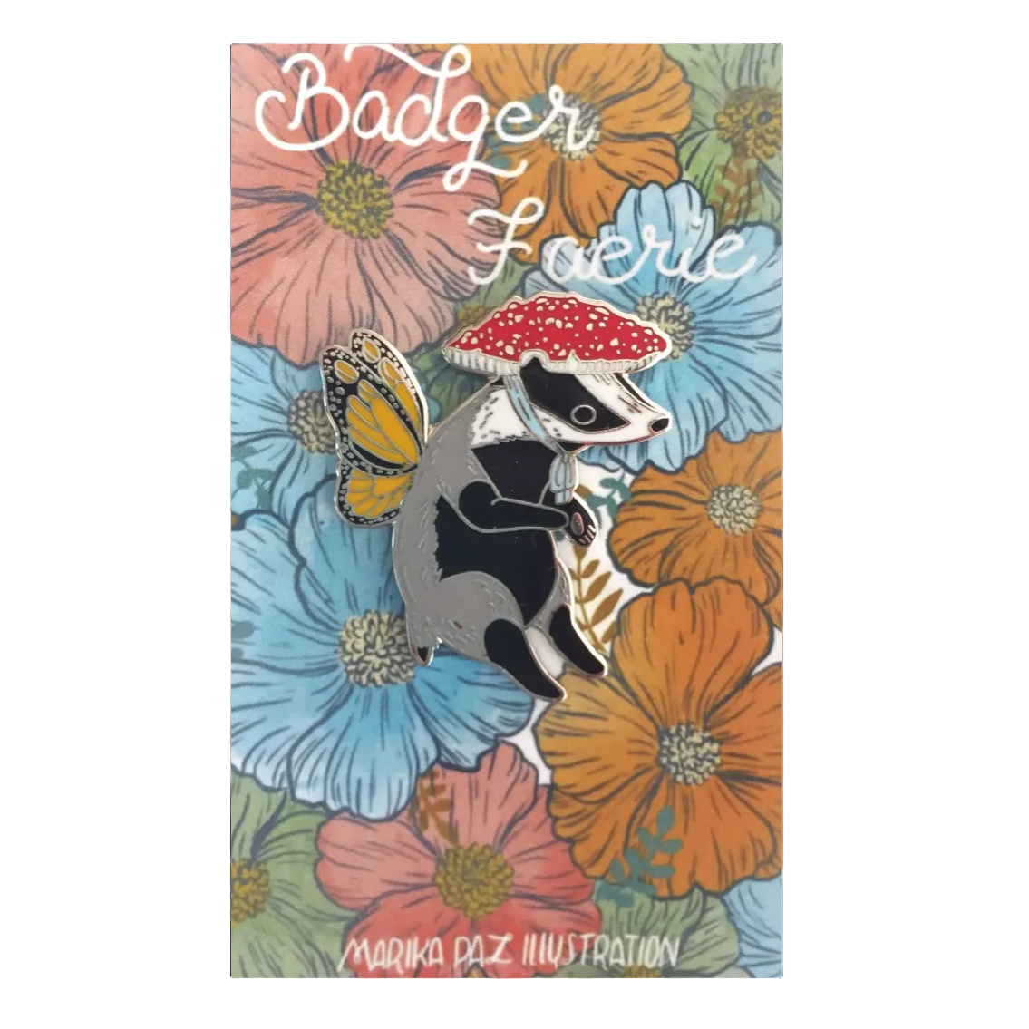 Card with a badger, butterfly, and flowers on a colorful background