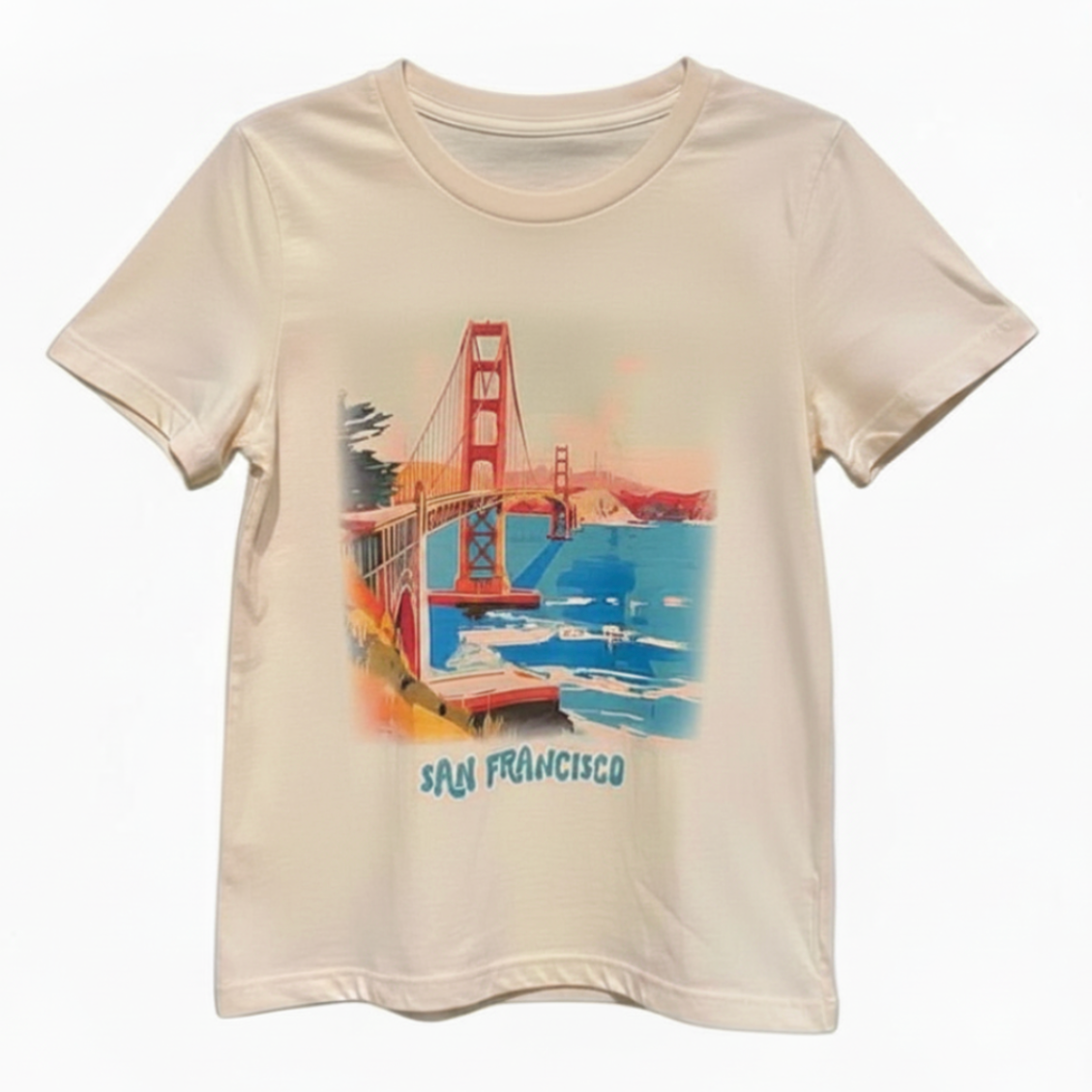 Beige t-shirt with a graphic of the Golden Gate Bridge and 'San Francisco' text on a white background
