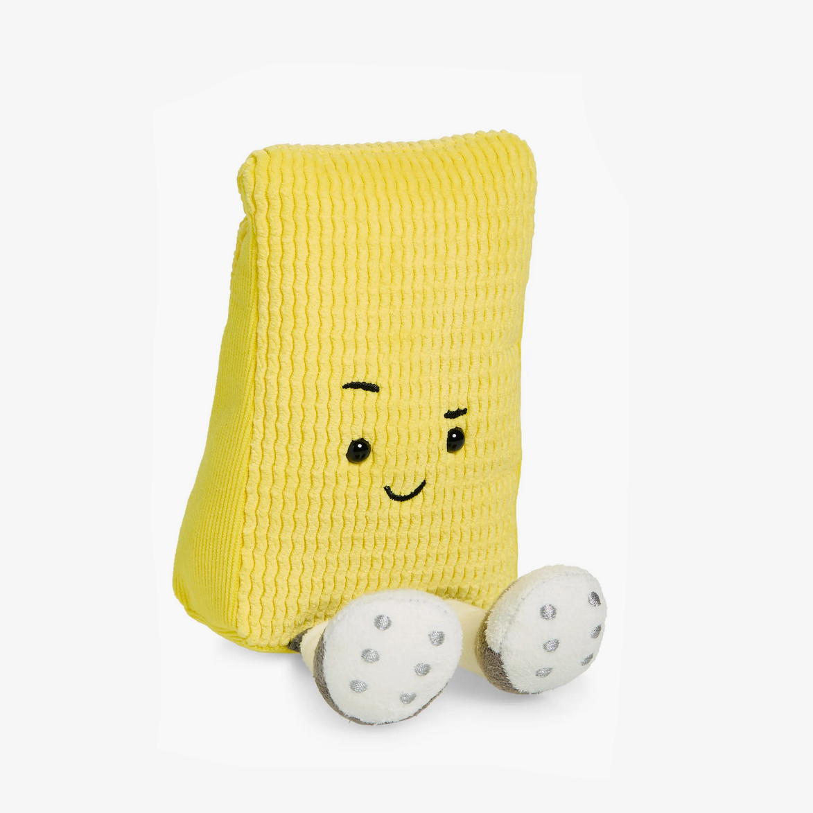 Yellow plush toy with a smiling face on a white background