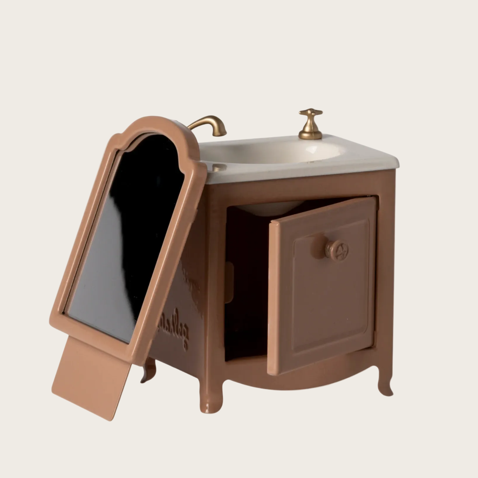 Vintage-style bathroom vanity with mirror on a beige background